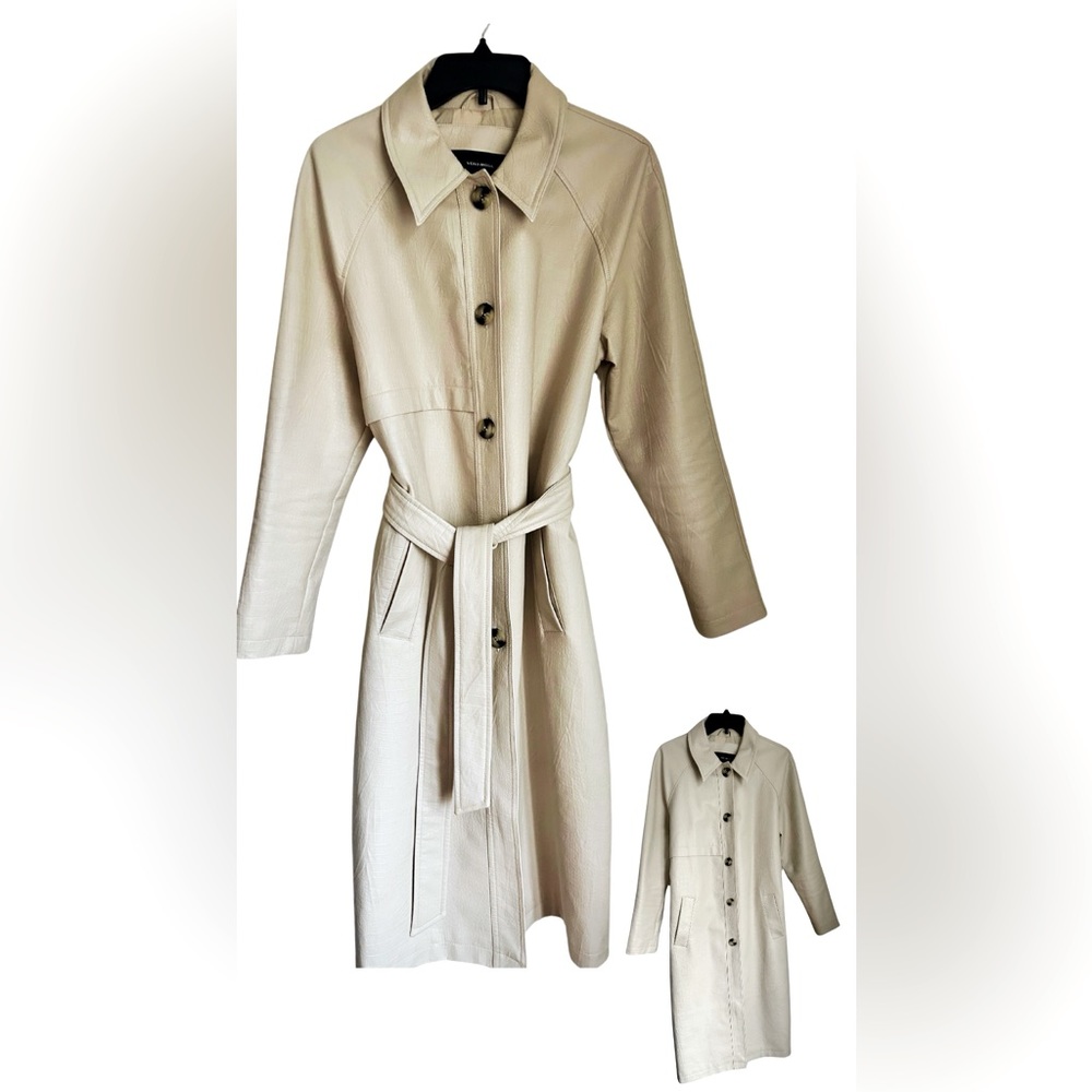 Cream Color Vegan Leather Belted Trench Coat. Great condition